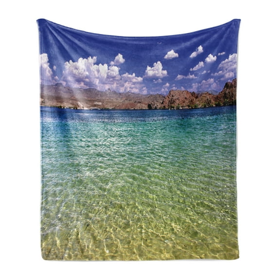 Lake Theme Soft Flannel Fleece Throw Blanket, Mohave Beach in the Desert of the Southwestern United States Daytime Pattern, Cozy Plush for Indoor and Outdoor Use, 50" x 70", Multicolor, by Ambesonne