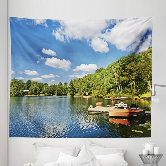 Lake Theme Tapestry, Illustration of Docks in Ontario Canada Cottage Countryside Natural Feels, Fabric Wall Hanging Decor for Bedroom Living Room Dorm, 5 Sizes, Multicolor, by Ambesonne
