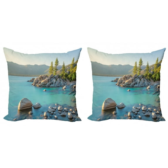 Ambesonne Nature Throw Pillow Cover 2 Pack, Countryside Lake Beach, 24", Blue Grey