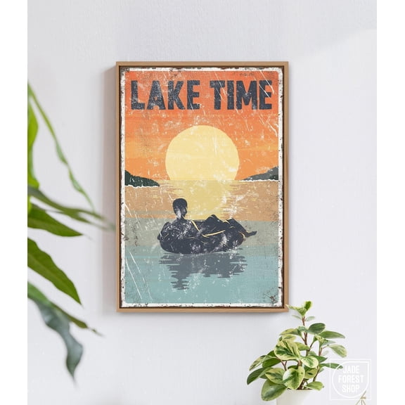 Lake Time Sunset Tubing Lake Art Summer Cabin Gift, Unframed Paper Print