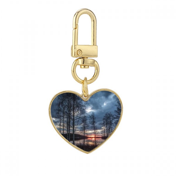 Lake Trees Science Nature Scenery Gold Heart Keychain Metal Keyring Holder