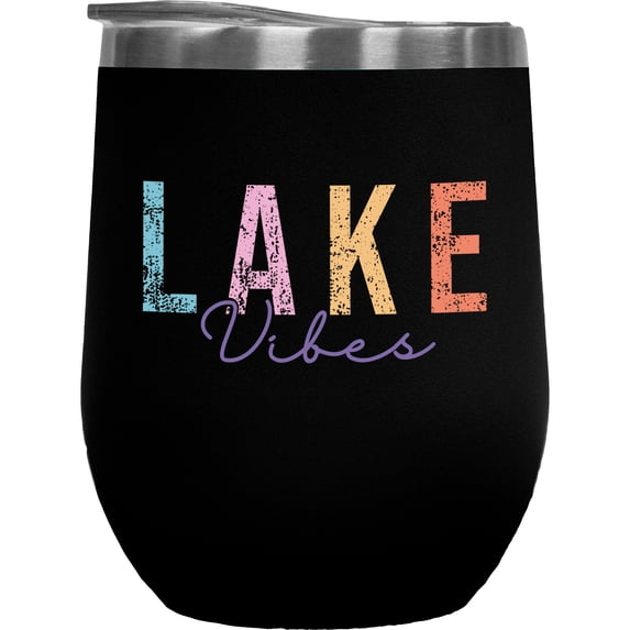 Lake Vibes, Summer, Camping or Vacation Merch Gift, Black 12oz Wine Tumbler