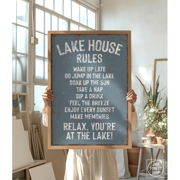Lake Wall Art Harbor Blue House Rules Family Cabin, Unframed Paper Print