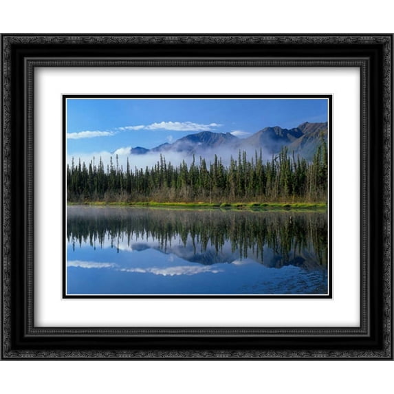 Lake reflecting mountain range and forest, Kluane National Park, Yukon, Canada 2x Matted 24x20 Black Ornate Framed Art Print by Fitzharris, Tim