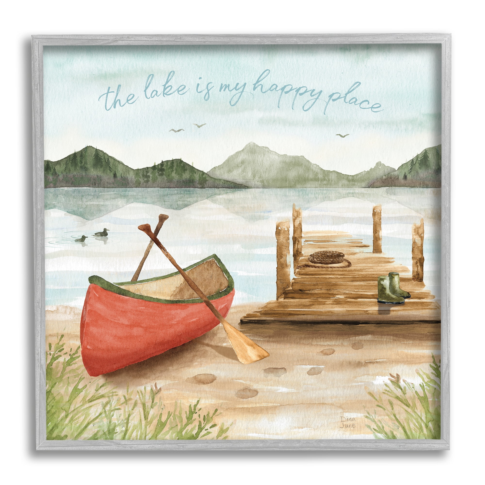 Lake's My Happy Place Phrase Boat Dock Landscape Landscape Framed Art Print Wall Art, 17x17