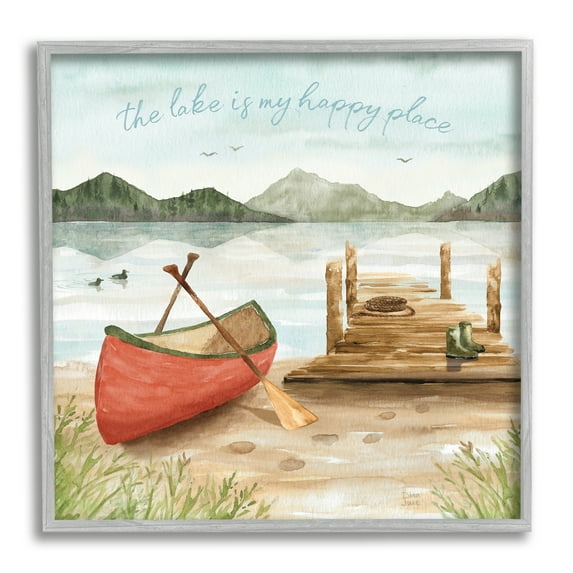 Lake's My Happy Place Phrase Boat Dock Landscape Landscape Framed Art Print Wall Art, 17x17