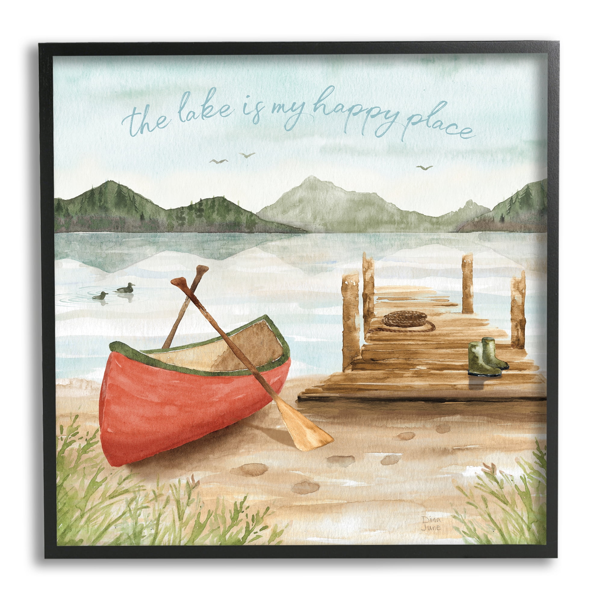 Lake's My Happy Place Phrase Boat Dock Landscape Landscape Framed Art Print Wall Art, 17x17