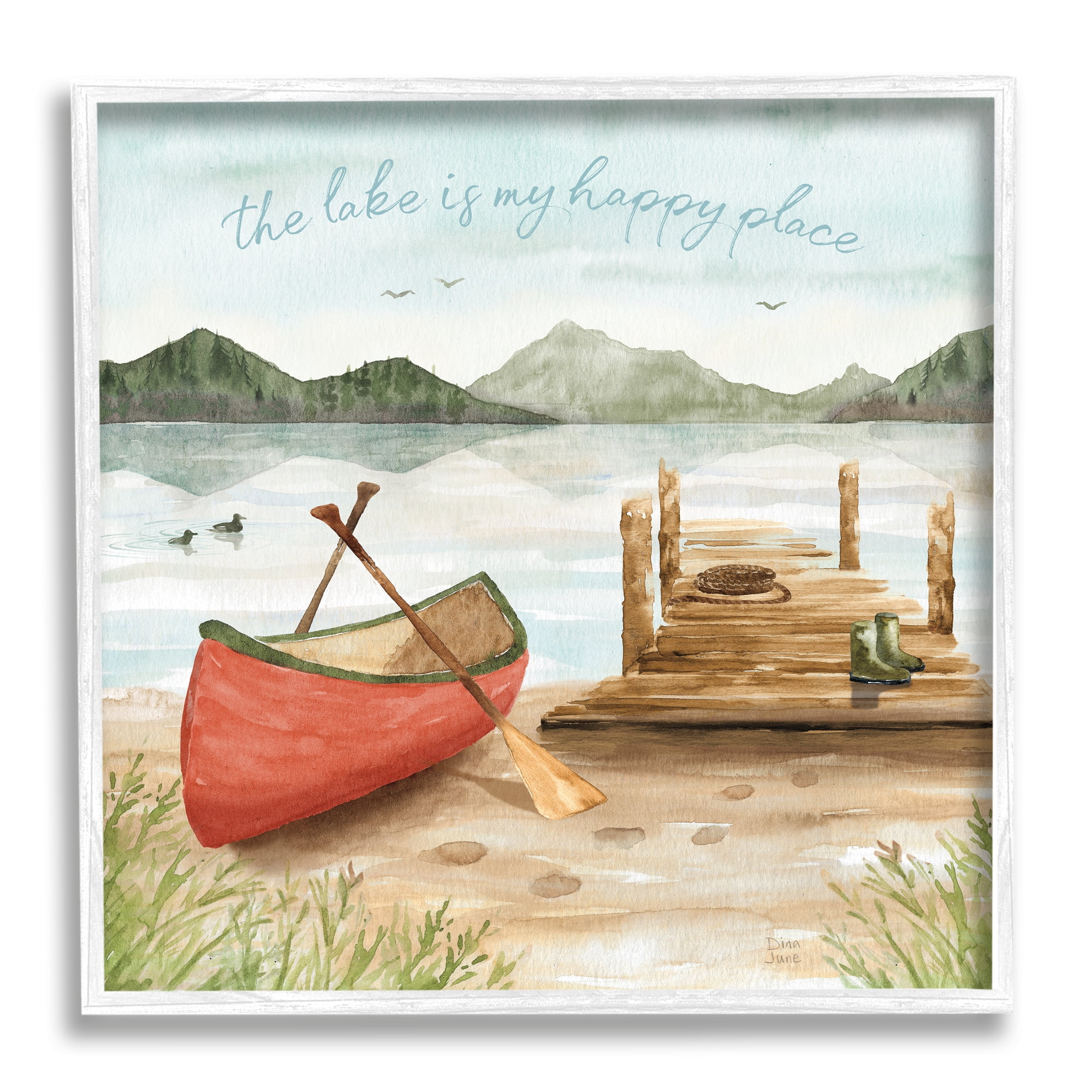 Lake's My Happy Place Phrase Boat Dock Landscape Landscape Framed Art Print Wall Art, 17x17