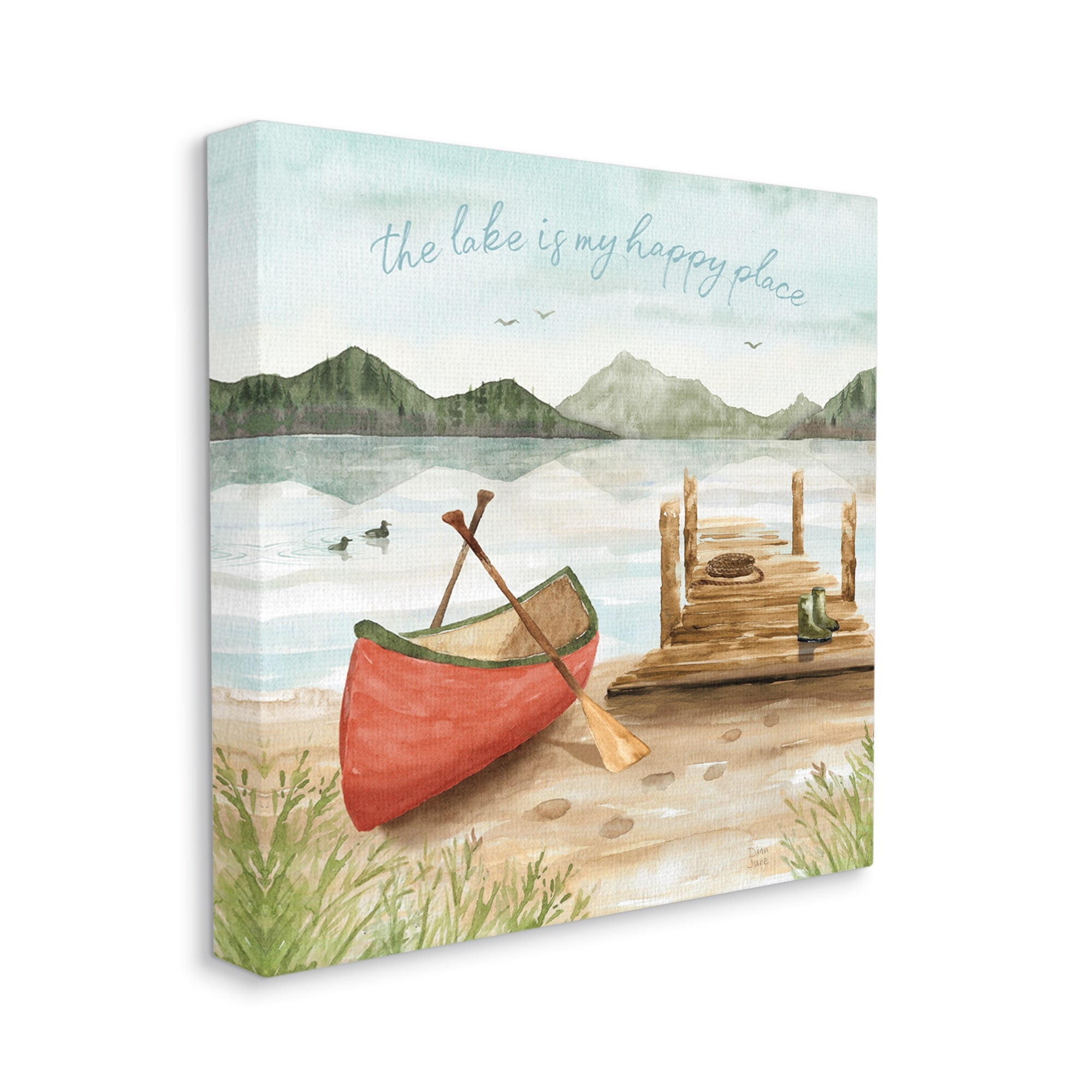 Lake's My Happy Place Phrase Boat Dock Landscape Landscape Gallery-Wrapped Canvas Print Wall Art, 17x17