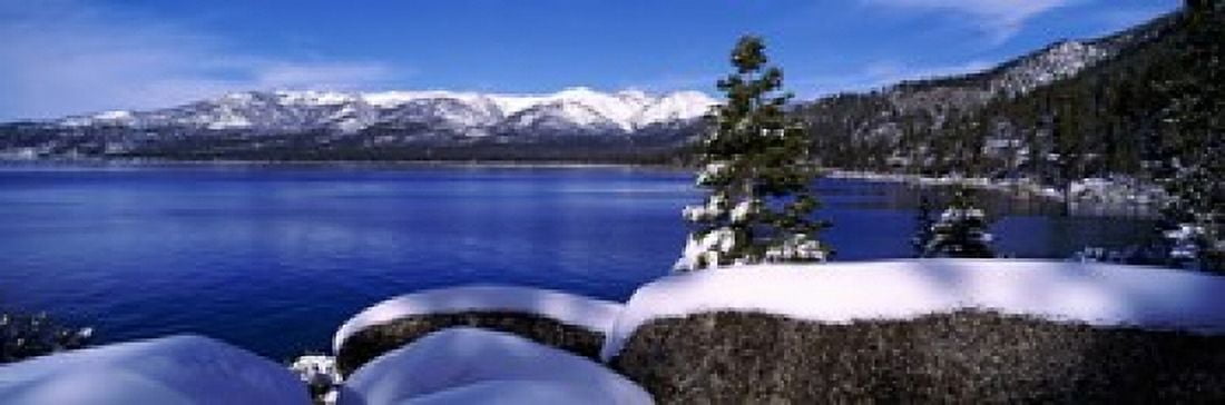 Lake with a snowcapped mountain range in the background Sand Harbor Lake Tahoe California USA Canvas Art - Panoramic Images (36 x 12)