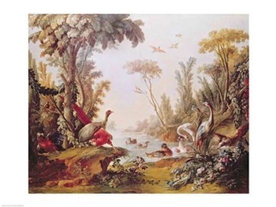 Lake with geese storks parrots and herons from the Salon of Gilles Demarteau Canvas Art - Francois Boucher (36 x 24)