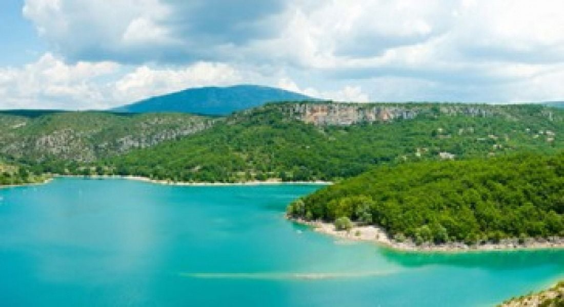 Lake with mountain in the background Lake of Sainte-Croix Var Provence-Alpes-Cote dAzur France Canvas Art - Panoramic Images (36 x 20)