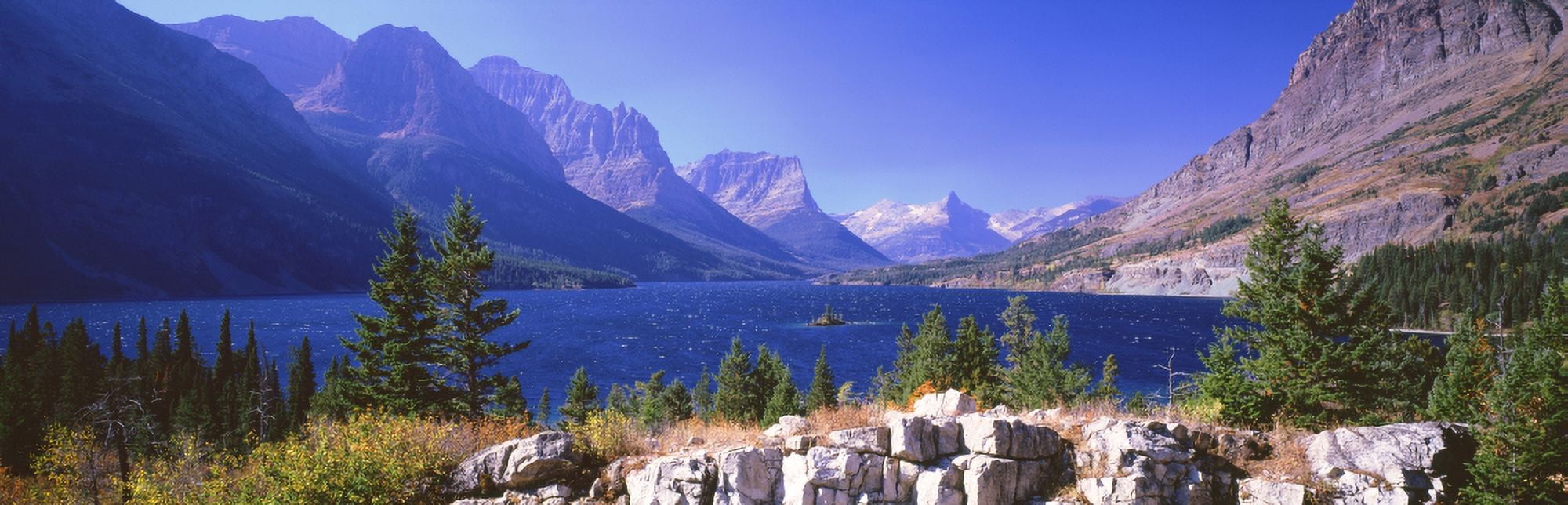 Lake with mountain range in the background St Mary Lake Glacier National Park Montana USA Canvas Art - Panoramic Images (27 x 9)