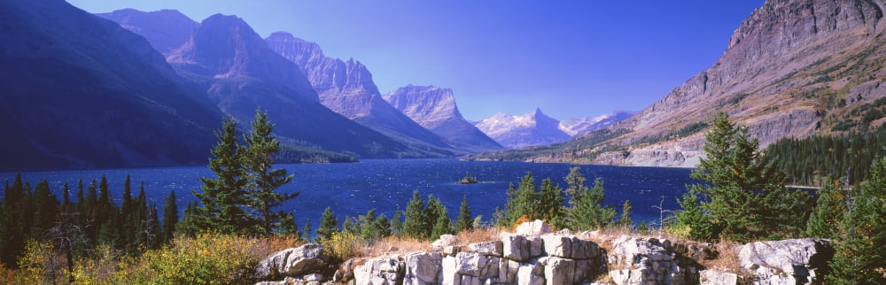 Lake with mountain range in the background St Mary Lake Glacier National Park Montana USA Canvas Art - Panoramic Images (36 x 12)