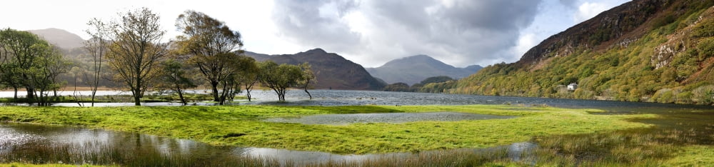 Lake with mountains in the background Llyn Dinas Snowdonia National Park Wales Canvas Art - Panoramic Images (36 x 12)
