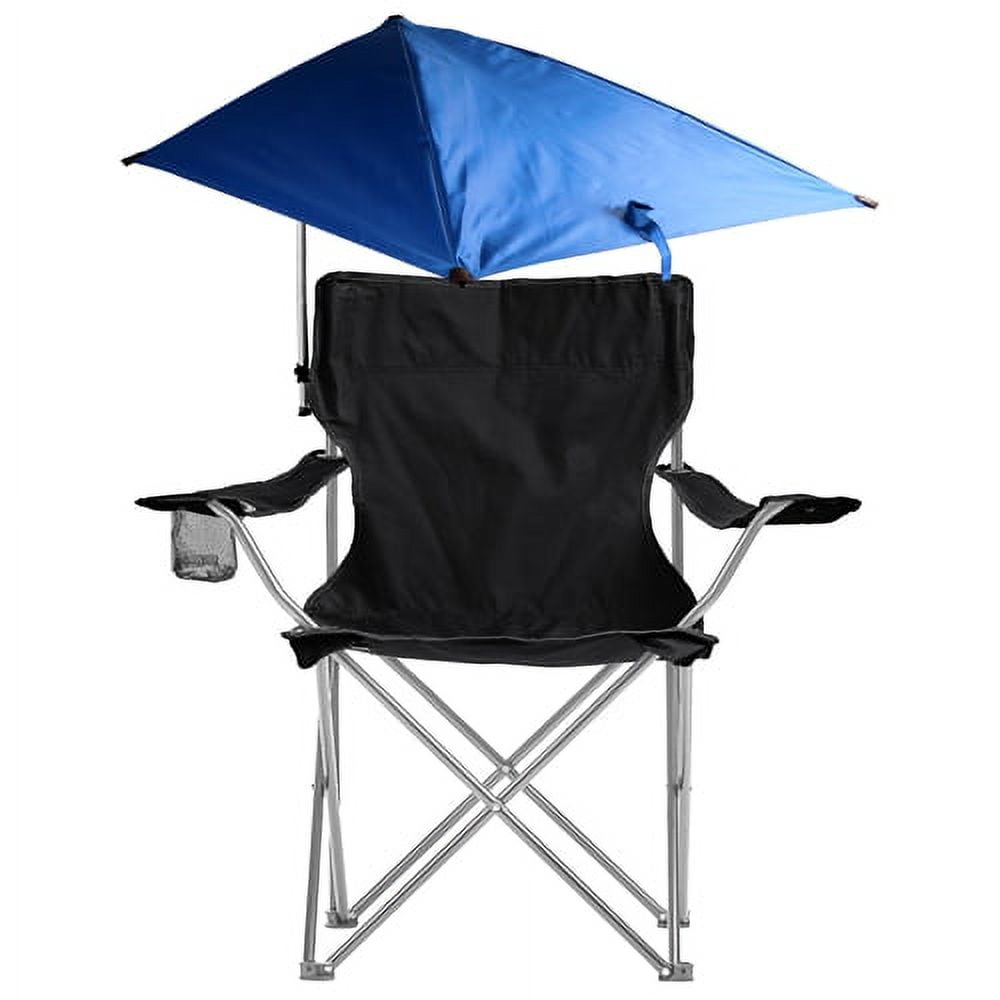 Black Foldable Camping Chair with Adjustable Blue Canopy and Armrests