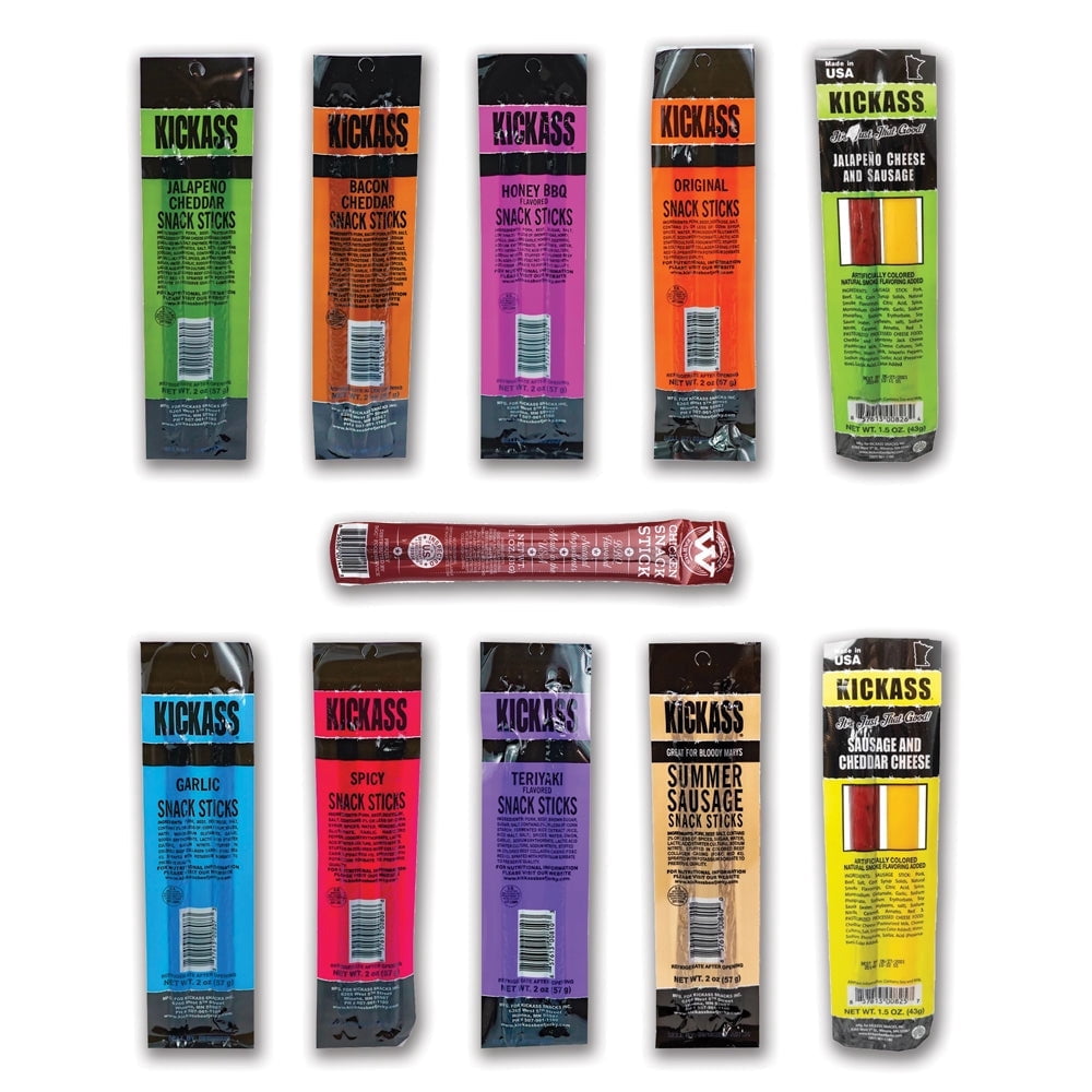 The LakeHouse Kickass Beef Jerky Stick Sampler - 21 Jerky Meat and Cheese Sticks - 13 Flavors Including 1 Free Bonus Walker Farms BBQ Chicken Stick - Gluten Free, Keto Friendly
