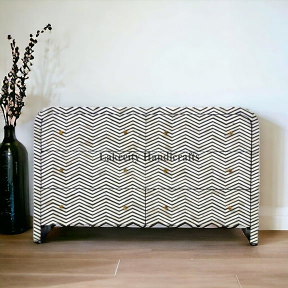 Lakecity Arts Bone Inlay Chevron Design Waterfall 6 Drawers Buffet Table Black, Bone Inlay Waterfall 6 Drawers Cabinet Table Black,Storage Unit