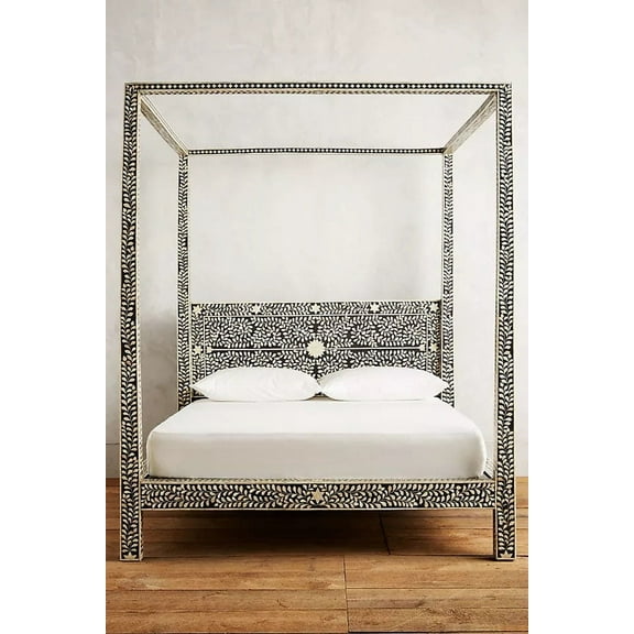Lakecity Arts Bone Inlay Floral Design Four Poster Bed Black, Bone Inlay Floral Design Four Poster Double Bed Black