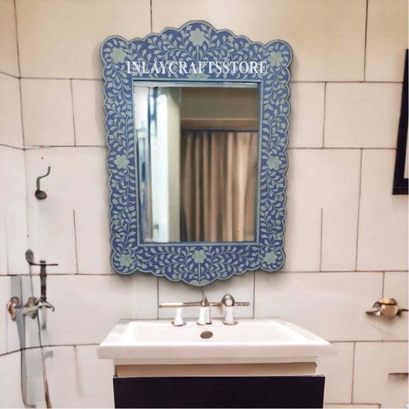 Lakecity Arts Bone Inlay Floral Scalloped Mirror Frame Purple, Bone Inlay Wall Mirror, Bone Inlay Scalloped Mirror, Wall Mirror