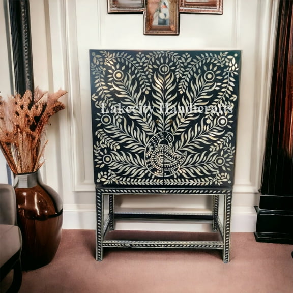 Lakecity Arts Bone Inlay Peacock Design Bar Cabinet Black, Bone Inlay Peacock Design Cabinet Black, Bone Inlay Storage Unit