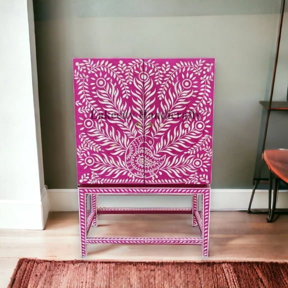 Lakecity Arts Bone Inlay Peacock Design Bar Cabinet Pink, Bone Inlay Peacock Design Cabinet Pink, Bone Inlay Storage Unit