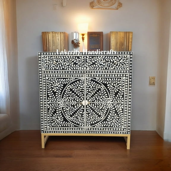 Lakecity Arts Bone Inlay Scroll Vine Design Entryway Cabinet Black, Bone Inlay Scroll Vine Design Media Unit Table Black, Bone Inlay Storage Unit