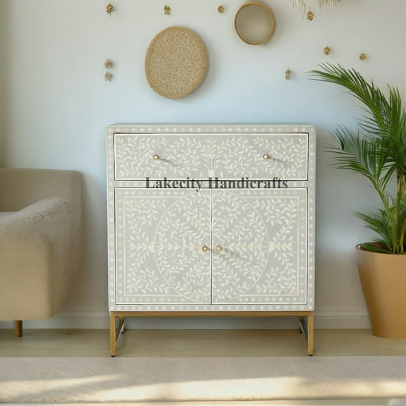 Lakecity Arts Bone Inlay Scroll Vine Design Entryway Cabinet Grey, Bone Inlay Scroll Vine Design Media Unit Table, Bone Inlay Storage Unit
