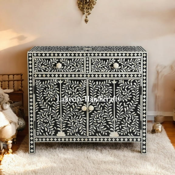 Lakecity Arts Bone Inlay Scrollvine Design Entryway Cabinet Black, Bone Inlay Scrollvine Design media Unit Black, Bone Inlay Storage Unit