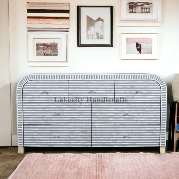 Lakecity Arts Bone Inlay Waterfall 7 Drawers Buffet Table Grey, Bone Inlay Waterfall 7 Drawers Cabinet Table Grey, Bone Inlay Storage Unit