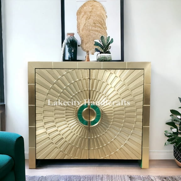 Lakecity Arts Brass Inlay Embossed Cabinet with Malachite, Brass Inlay Embossed Sideboard Table