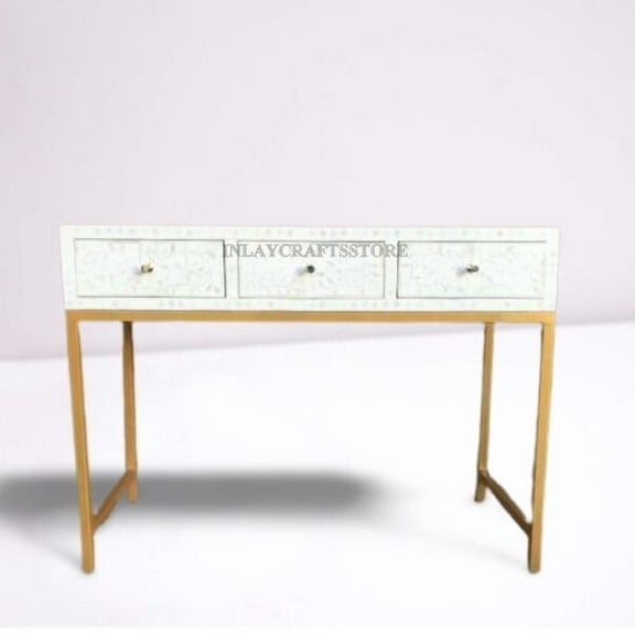 Lakecity Arts Mother Of Pearl Scrollvine Design 3 Drawers Console White, Mother Of Pearl Scrollvine Design Desk White, Mother Of Pearl Storage Unit