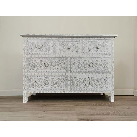 Lakecity Arts Mother of Pearl Floral Design Chest of 7 Drawers White, Mother of Pearl Floral Design Dresser Table White, MOP Storage Unit