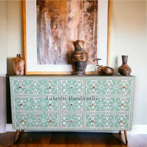 Lakecity Arts Mother of Pearl Moroccan 9 Drawers Chest Slate Green, Mother of Pearl Moroccan 9 Drawers Dresser Table Slate Green, MOP Storage Unit