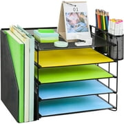 Lakecy 5-Tier Desk Organizer with File Holder 2 Pen Holders,Mesh Desktop Storage for Office Supplies