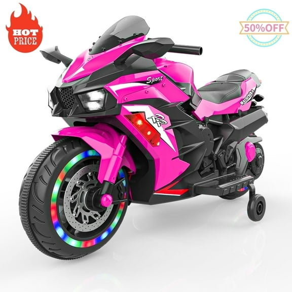 Lakecy 2 Wheel 12V Kids Electric Motorcycle with Training Wheels,LED Lights for Ages 3-8years Ride On Toy(Pink)