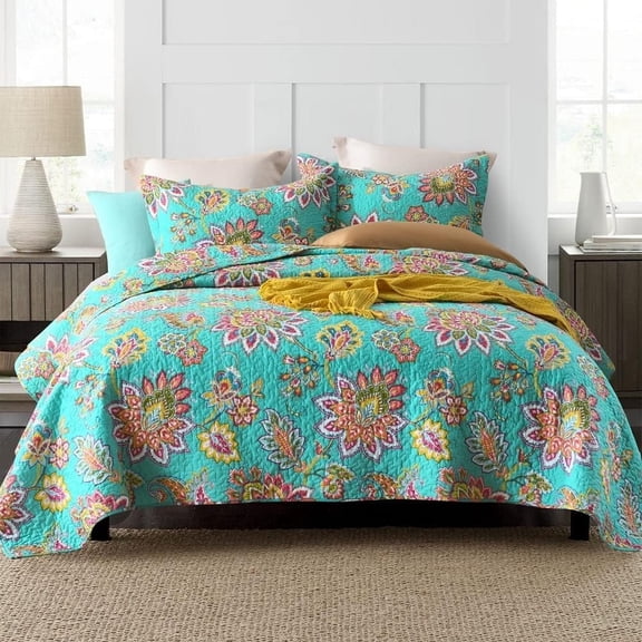 Lakeforest Cotton Retro Bedspread Quilt Sets King Size, 3-Piece Floral Bedding Coverlet for All Season