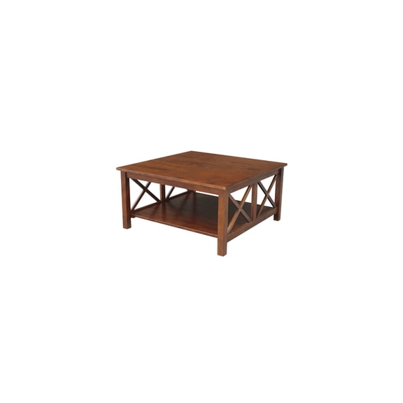 Lakefront Luxury Square Coffee Table in Espresso Finish, 36x36x18 Inches, Solid Parawood with Butcher Block Surface, 1 Shelf and Decorative X-Design