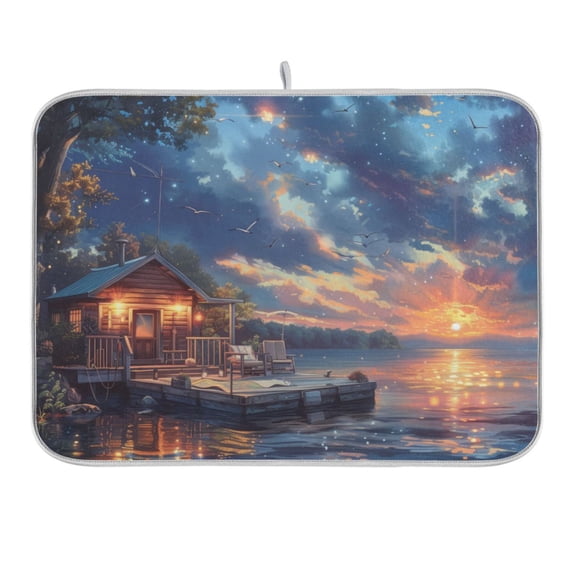 Lakehouse in Sunset Dish Drying Mat 16x18 Absorbent Microfiber Draining Rack Pad for Kitchen Counter Sink