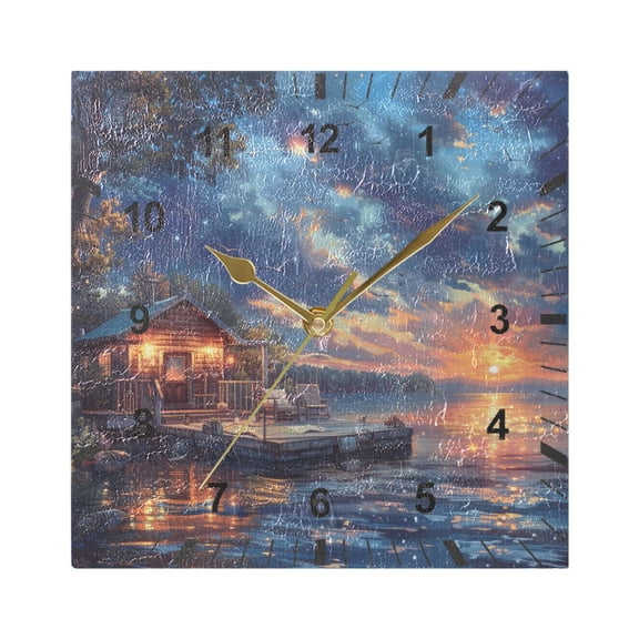 Lakehouse in Sunset Wall Clock Battery Operated Silent Non-Ticking Bedroom Office Kitchen Home School Decor 7.8"(Gold)