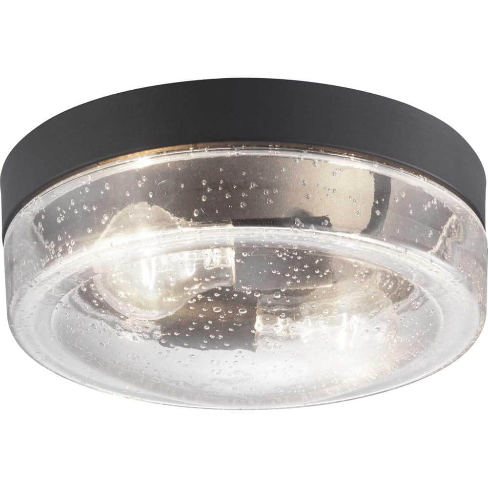 Lakelynn Medium Black Metal and Seeded Glass Flush Mount Light