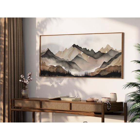 Lakelzdecor Abstract Mountain Forest Wall Decor Wide Horizontal Landscape Watercolor Wall Art Large Minimalist Panorama Beige And Gray Print Poster, Poster Only