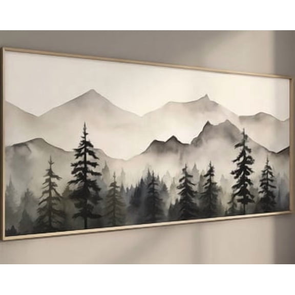 Lakelzdecor Mountain Forest Wall Decor Wide Horizontal Landscape Poster Watercolor Wall Art Large Minimalist Panorama Black And White, Poster Only