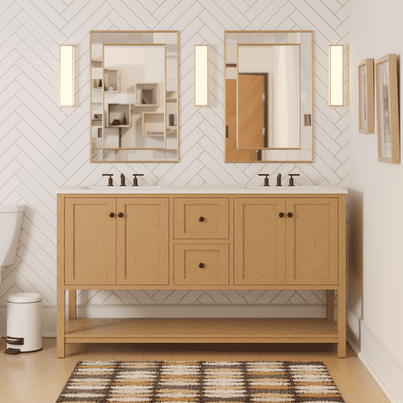 Lakeshore 60" Double Bathroom Vanity with Blonde Cabinet and Engineered White Top