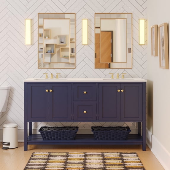 Lakeshore 60" Double Bathroom Vanity with Royal Blue Cabinet and Engineered White Top