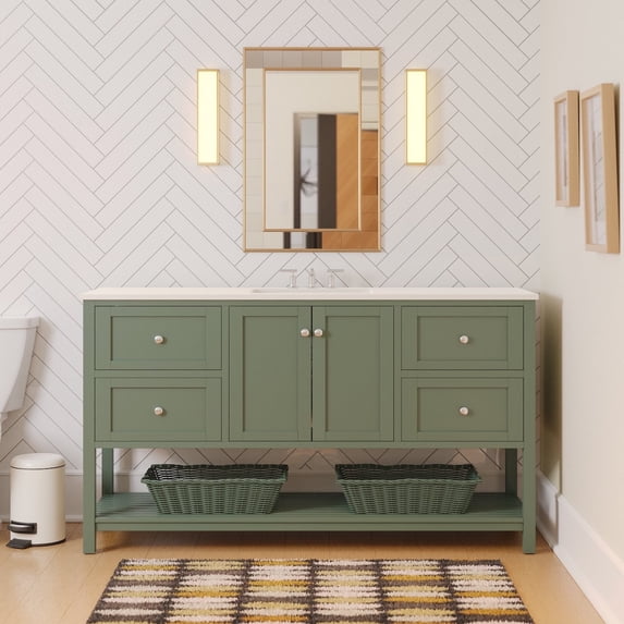 Lakeshore 60" Single Bathroom Vanity with Sage Green Cabinet and Engineered White Top