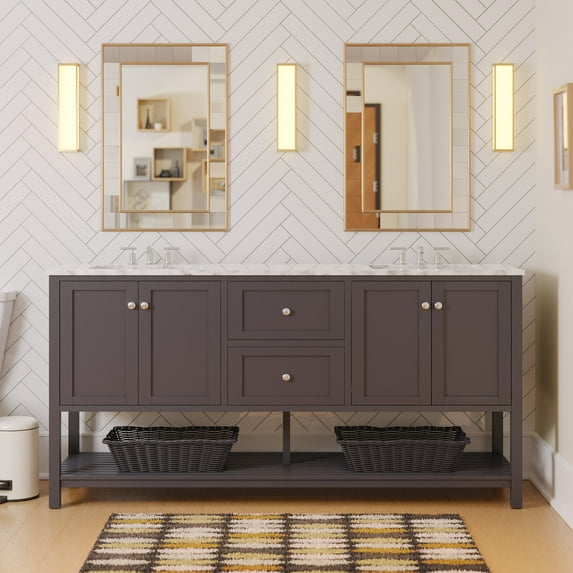Lakeshore 72" Double Bathroom Vanity with Marine Gray Cabinet and Carrara Marble Top