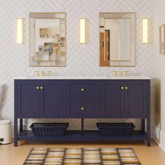 Lakeshore 72" Double Bathroom Vanity with Royal Blue Cabinet and Engineered Carrara Top