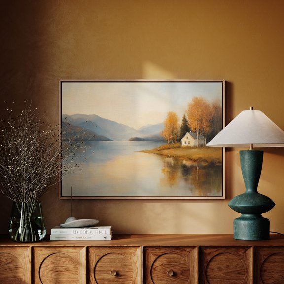 Lakeside Autumn Cabin Cozy Poster Mountain Retreat Wall Art Fall Landscape With Reflections In Golden Hour Light , Poster Print Only