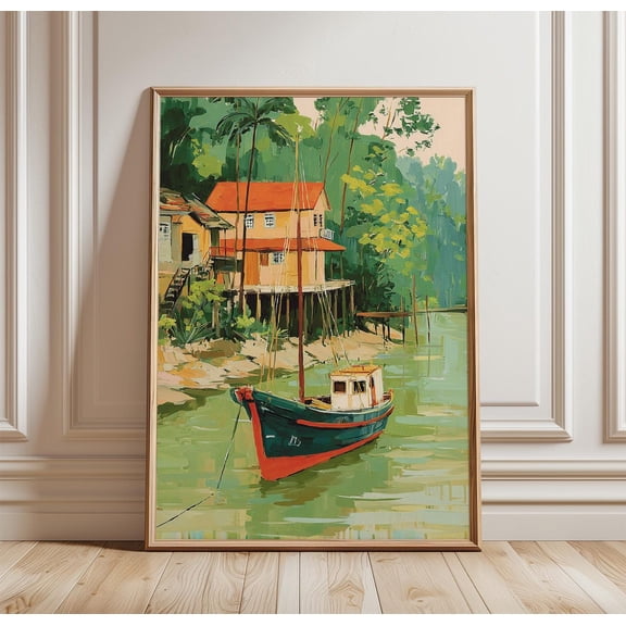 Lakeside Boat Landscape Poster Print Peaceful River Wall Art Impressionist Nature Scene Ar